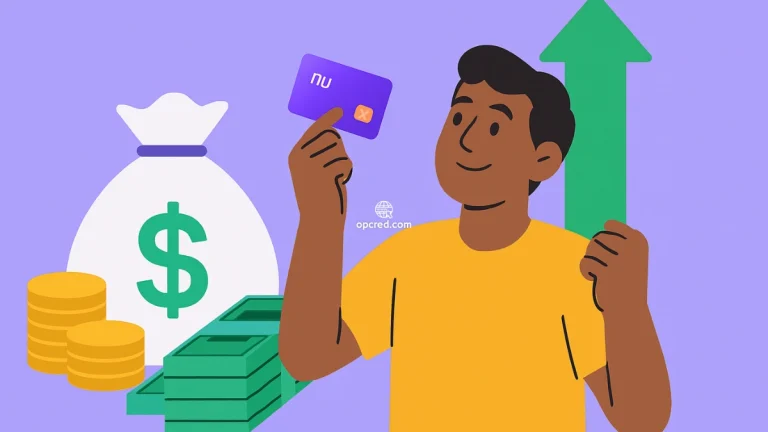 Homem brasileiro segurando cartão do Nubank com expressão confiante, ao lado de símbolos financeiros como saco de dinheiro, moedas e seta verde apontando para cima, representando aumento de limite de empréstimo.
