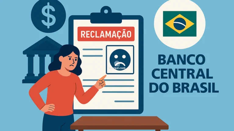 Ilustração de uma mulher brasileira registrando uma reclamação contra uma instituição financeira junto ao Banco Central do Brasil, com elementos visuais como formulário de reclamação, símbolo do banco e ícone de instituição financeira.