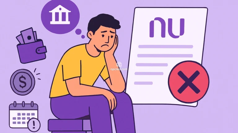 Ilustração de um homem preocupado ao lado de símbolos de dívida e um documento do Nubank com um X vermelho, sobre fundo roxo.