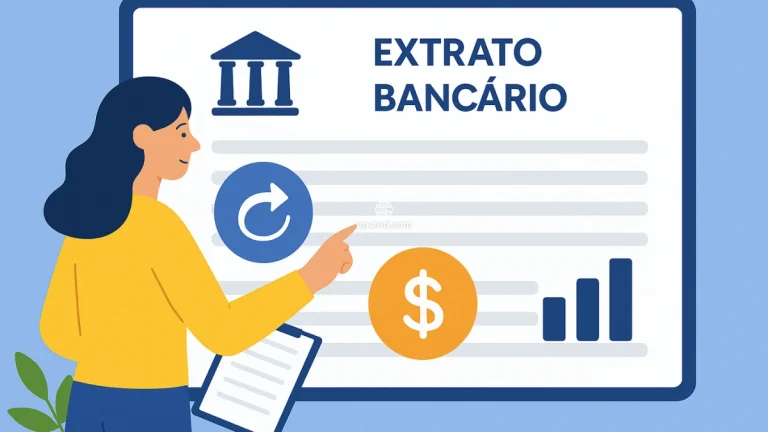 Mulher analisando extrato bancário em tela digital com ícones financeiros.