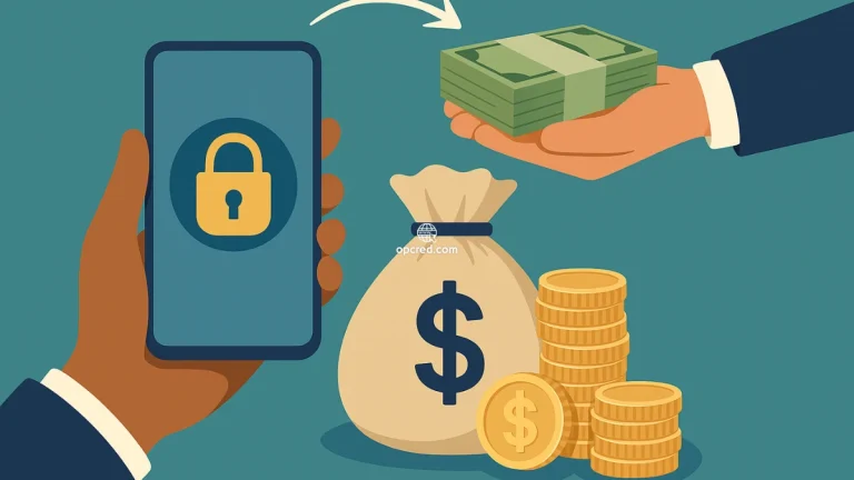 Ilustração representando empréstimo com garantia de celular, onde um smartphone serve como garantia em troca de dinheiro.