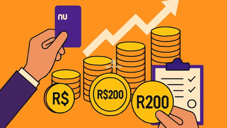 Ilustração digital mostrando cartão Nubank, moedas de reais e seta de crescimento, representando aumento de limite de crédito no Brasil.