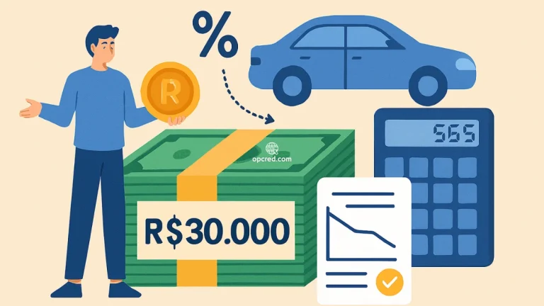 Ilustração digital representando conceitos financeiros relacionados a um financiamento de R$30.000, com elementos como dinheiro, carro, calculadora e gráfico de amortização.