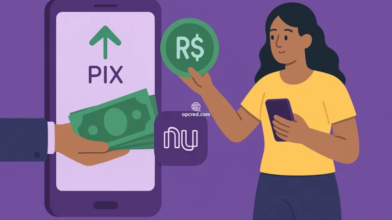 Mulher segurando smartphone e moeda com símbolo do real, representando empréstimo via Pix no aplicativo da Nubank.