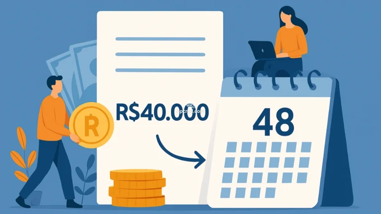 Pessoa segurando moeda e outra usando laptop ao lado de documento e calendário, representando financiamento de R$ 40 mil em 48 parcelas.