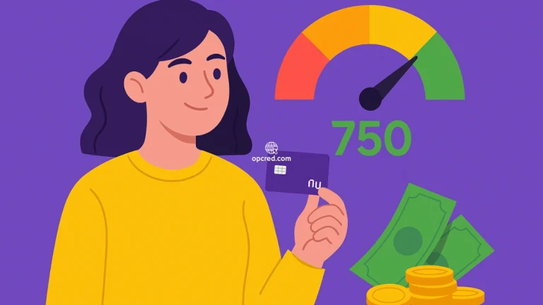 Mulher segurando cartão roxo do Nubank ao lado de gráfico colorido de score de crédito com fundo roxo.