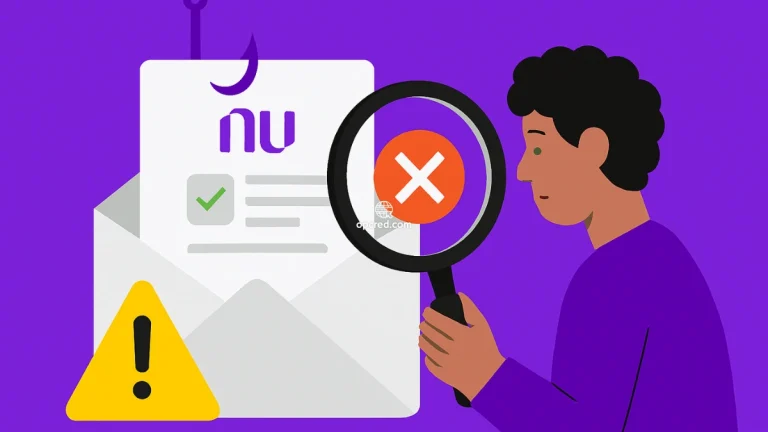 Pessoa analisando e-mail suspeito com símbolo de alerta e logotipo do Nubank, representando tentativa de phishing digital.