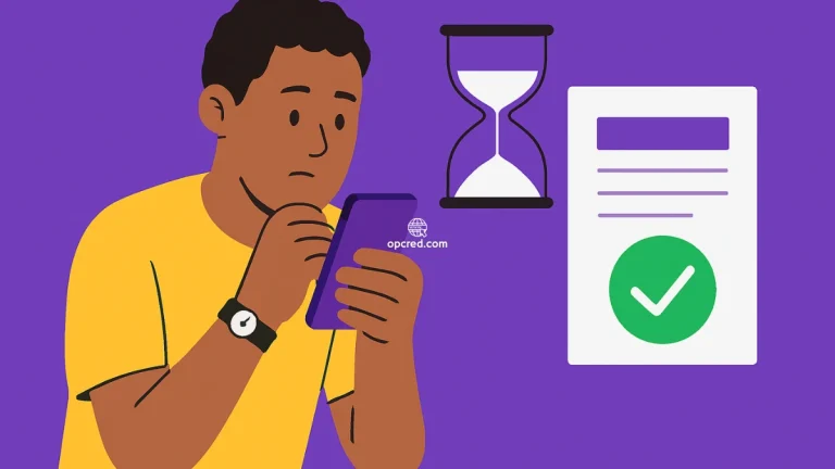 Jovem brasileiro olhando preocupado para o celular, ao lado de uma ampulheta e um documento com sinal de aprovação, representando a espera pela aprovação de empréstimo no Nubank.