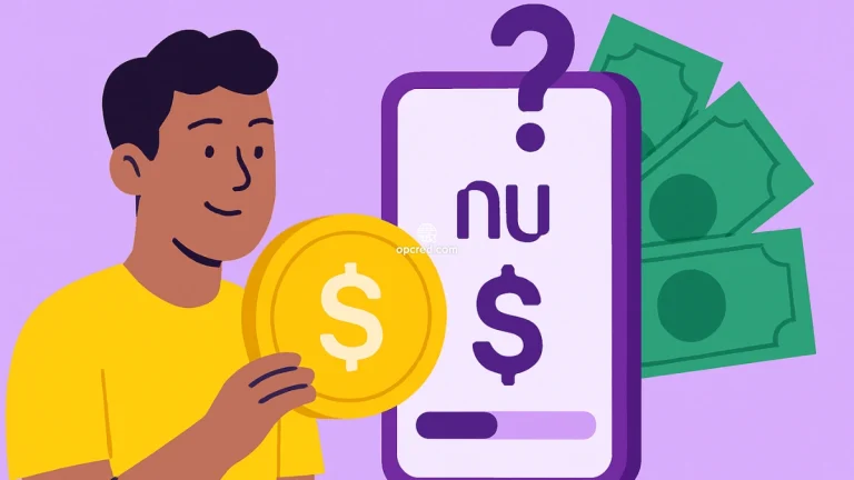 Homem segurando moeda de real ao lado de smartphone com logotipo do Nubank e símbolo de empréstimo, sobre fundo roxo.