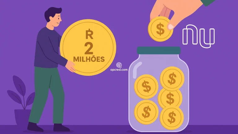 Ilustração de um investidor brasileiro colocando R$ 2 milhões em moedas em um pote com o logotipo da Nubank sobre fundo roxo.