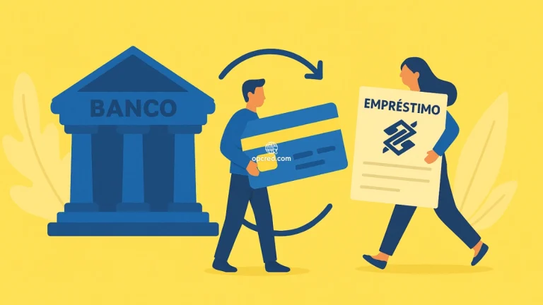 Ilustração representando a portabilidade de empréstimo do Banco do Brasil, com uma mulher carregando um documento de empréstimo e um homem segurando um cartão de crédito, em frente a um banco.