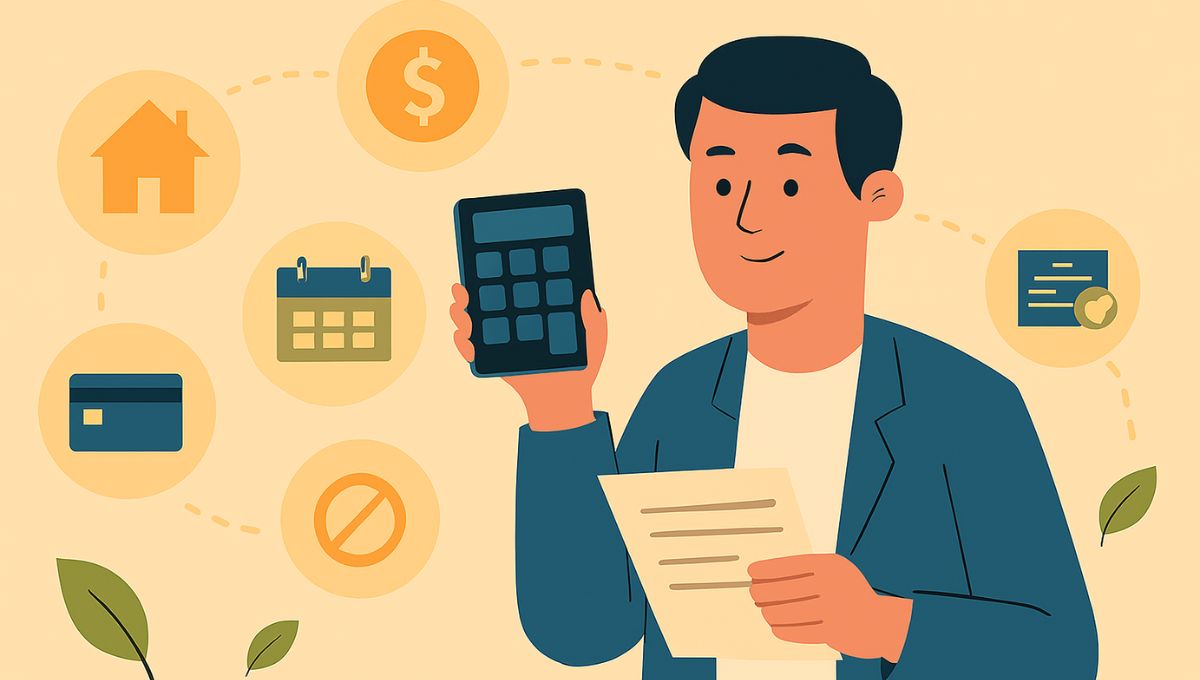Ilustração flat horizontal com um homem segurando uma calculadora e um documento, cercado por ícones de casa, moeda, calendário e pagamento, representando o cálculo das parcelas de um financiamento de 100 mil reais.