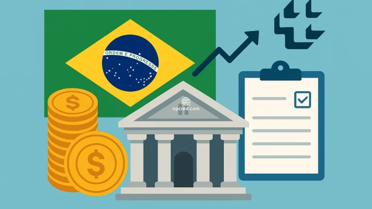 Ilustração digital representando o Banco Central do Brasil com elementos como a bandeira nacional, moedas, prédio bancário e ícones financeiros sobre fundo azul uniforme.