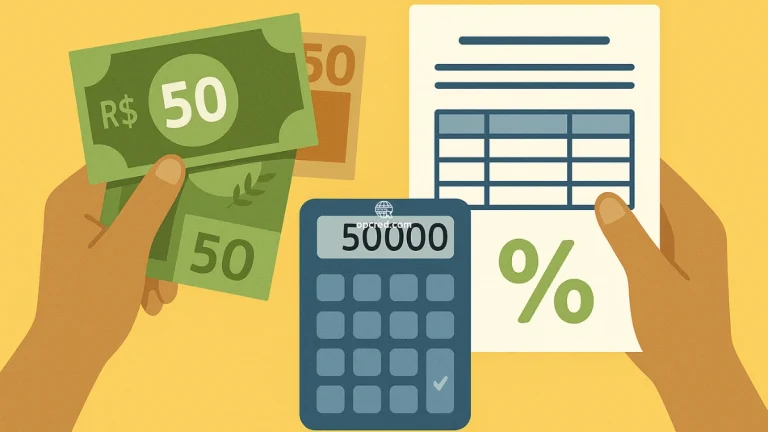Ilustração digital em estilo flat mostrando elementos financeiros como notas de R$ 50, calculadora com valor de R$ 50.000, documento de simulação de parcelas e símbolo de porcentagem, sobre fundo amarelo uniforme.