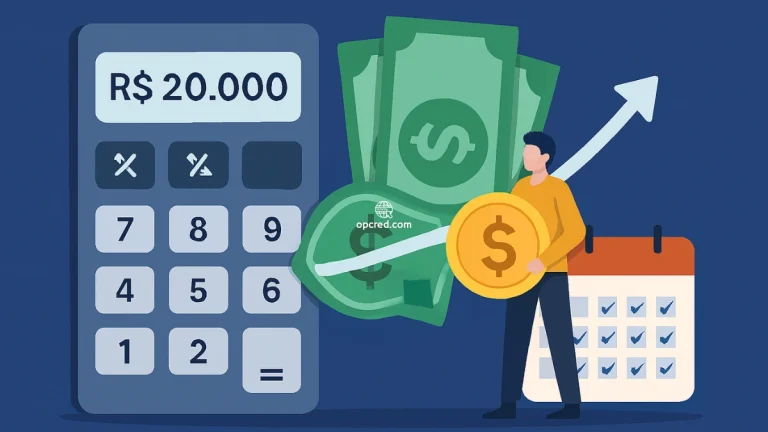 Ilustração de financiamento com calculadora, dinheiro, calendário e personagem segurando moeda, representando o parcelamento de R$ 20 mil em 48 vezes.