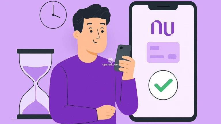 Ilustração de um homem aguardando aprovação de empréstimo no aplicativo do Nubank, com elementos como ampulheta, smartphone e ícone de confirmação.