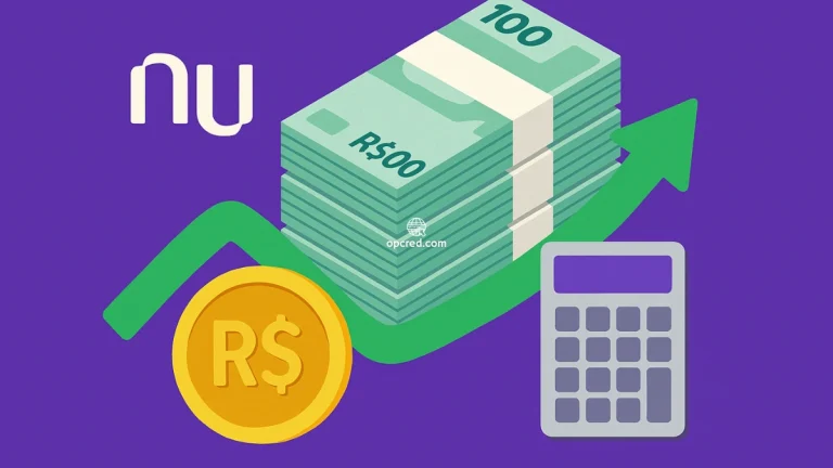 Ilustração digital representando R$ 30 mil investidos no Nubank com elementos financeiros como cédulas de real, moeda dourada, calculadora e seta de crescimento sobre fundo roxo.