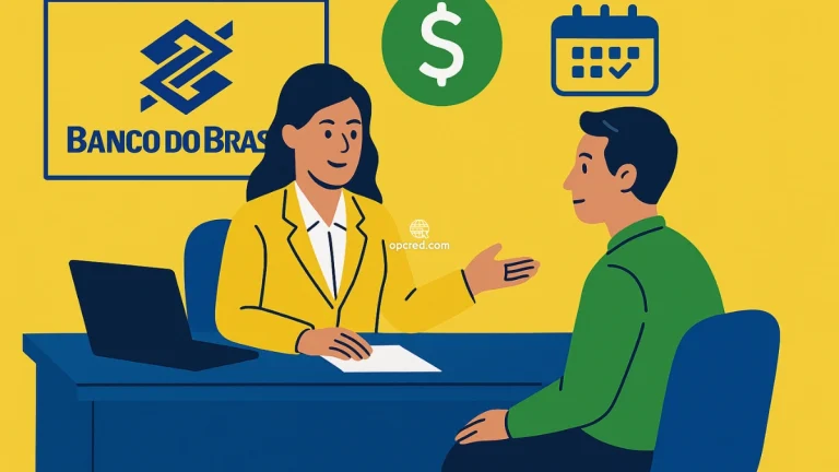 Ilustração de estilo flat mostrando um cliente em consulta com uma representante do Banco do Brasil sobre empréstimo consignado, com ícones de dinheiro e calendário ao fundo.
