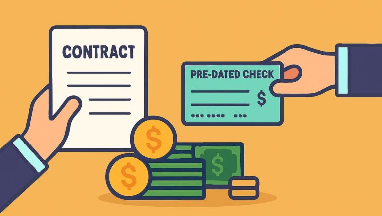 Ilustração flat horizontal mostrando duas mãos trocando um cheque pré-datado, com ícones de contrato, dinheiro e moedas ao fundo.