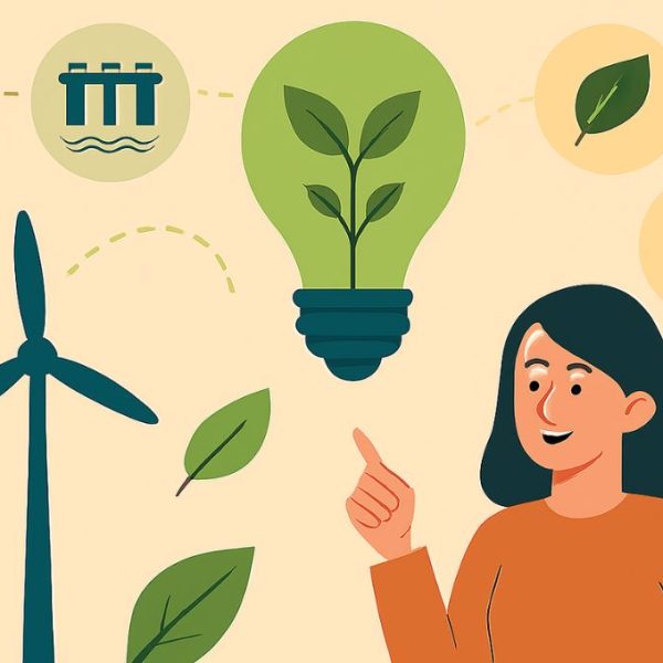 Ilustração flat horizontal mostrando fontes de energia renovável como painéis solares, turbinas eólicas e usina hidrelétrica, além de ícones que representam seus benefícios como sustentabilidade, economia e preservação ambiental.