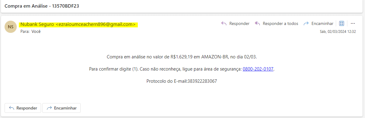Como Identificar um E-mail Falso do Nubank: Dicas e Técnicas 3 Apresentação de uma exemplo de email com tentativa de fraude usando o nome do Banco nubank