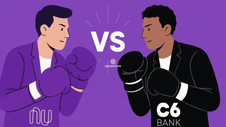Ilustração digital em estilo flat mostrando dois personagens em posição de luta representando o Nubank e o C6 Bank, com fundo roxo uniforme.