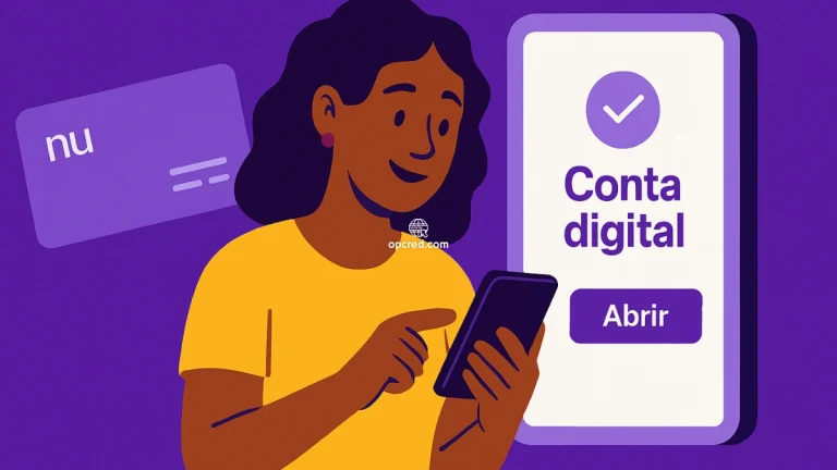 Mulher brasileira sorridente usando smartphone para abrir conta digital gratuita no Nubank, com cartão roxo flutuante e tela de aplicativo bancário.