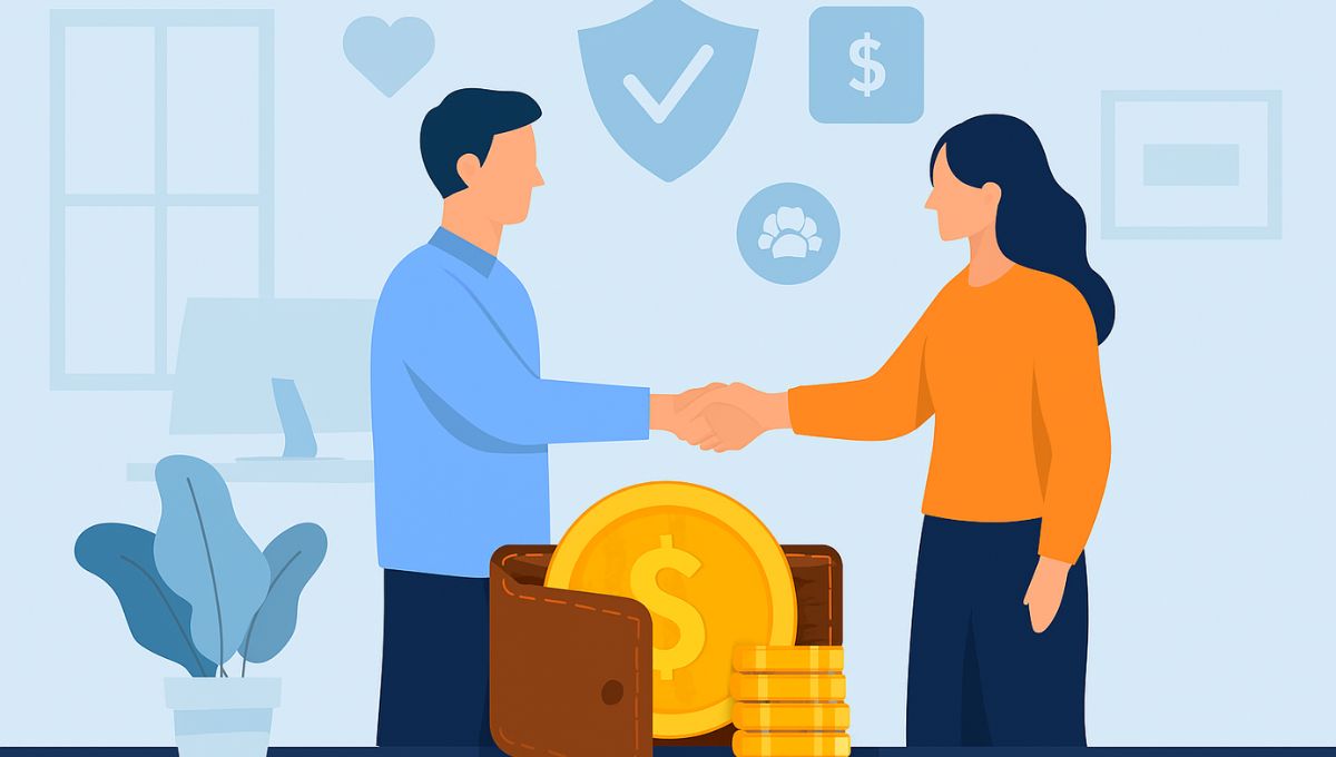 Ilustração de duas pessoas apertando as mãos sobre uma moeda dourada, simbolizando parceria financeira em uma conta conjunta.