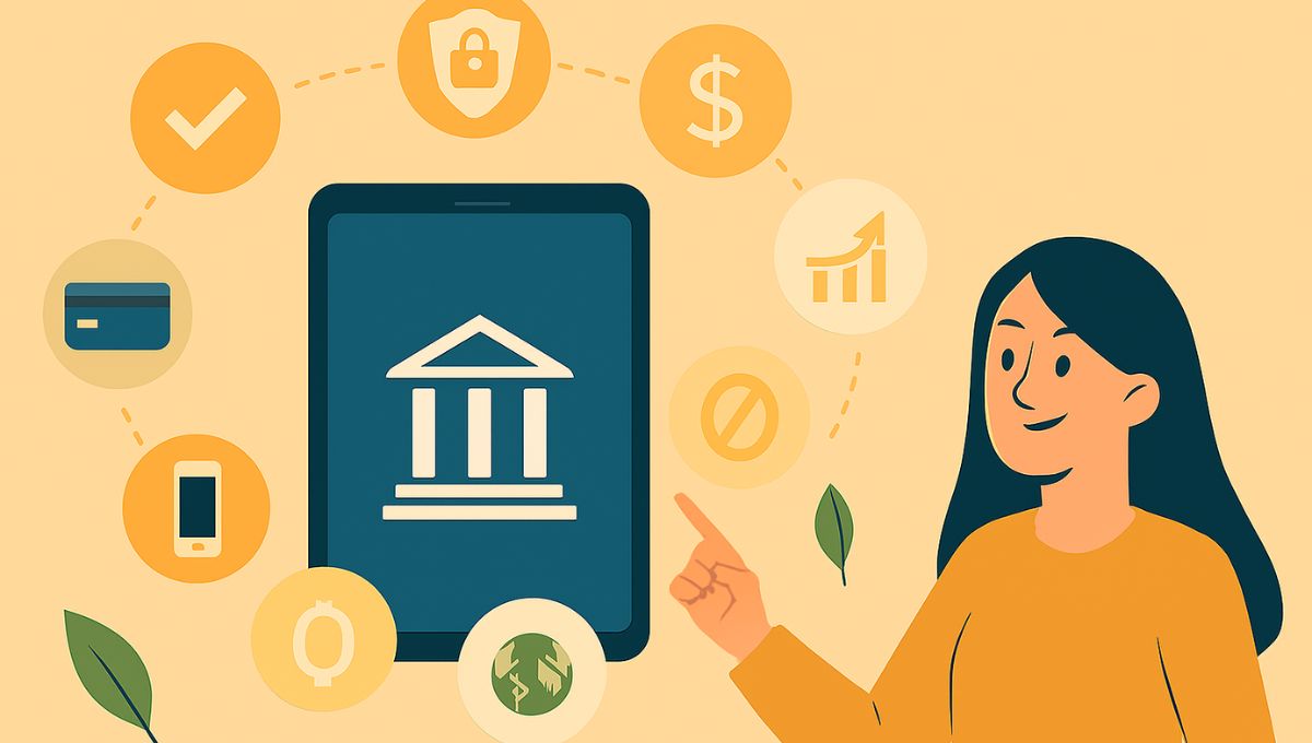 Ilustração flat horizontal com uma mulher apontando para um ícone de banco digital em um tablet, cercado por sete ícones que representam serviços financeiros como cartão, smartphone, gráfico de crescimento, cifrão, escudo de segurança, aprovação e isenção de tarifas.