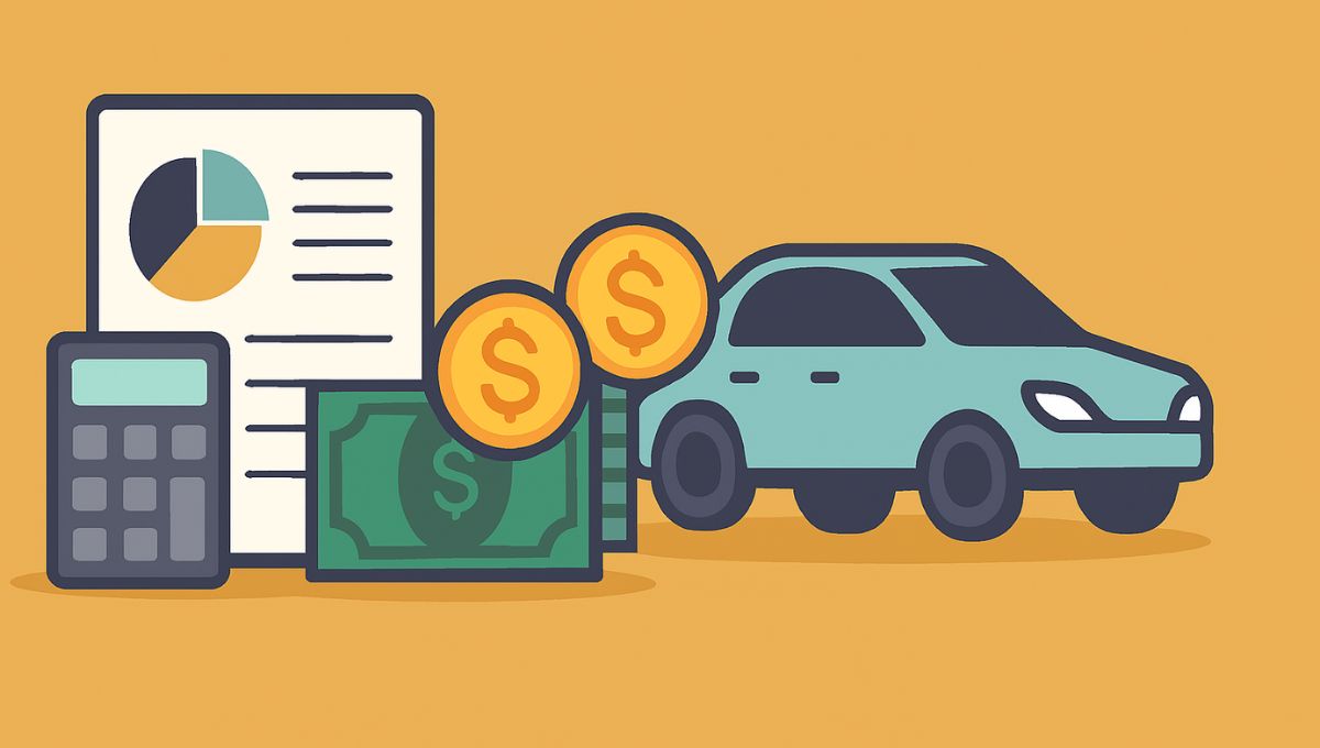 Ilustração flat horizontal com elementos de planejamento financeiro para compra de carro: carro, calendário, calculadora e carteira com dinheiro.