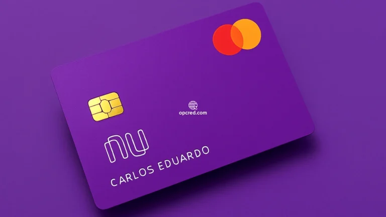 Cartão de crédito Nubank roxo com chip dourado e logo Mastercard, sobre fundo roxo uniforme.
