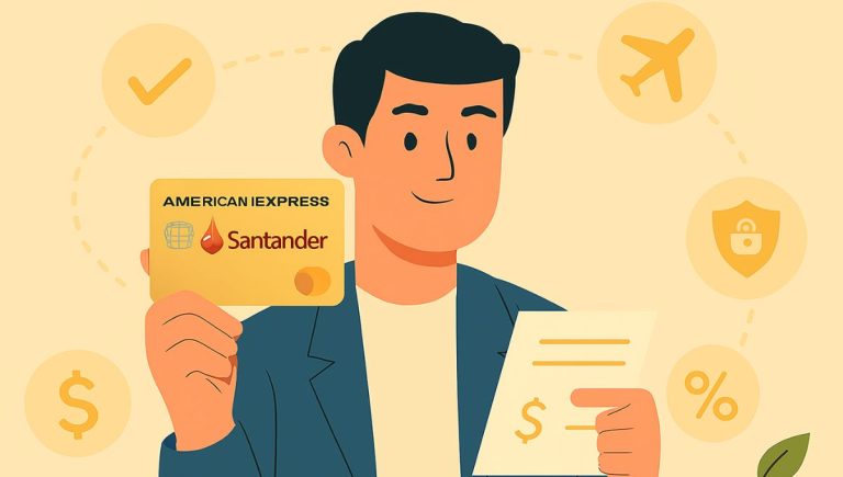 Ilustração flat horizontal com um homem segurando o Cartão American Express® Gold Card Santander, cercado por ícones de benefícios como aprovação, milhas aéreas, segurança e dólar ao fundo.