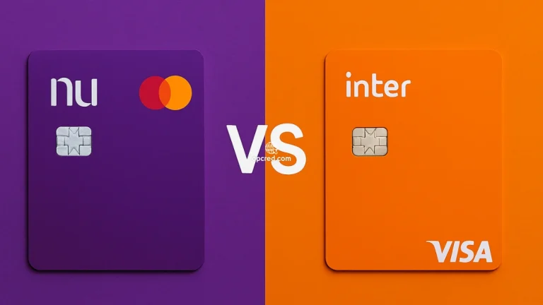 Comparação visual entre os cartões de crédito Nubank e Inter, com fundo roxo e laranja.