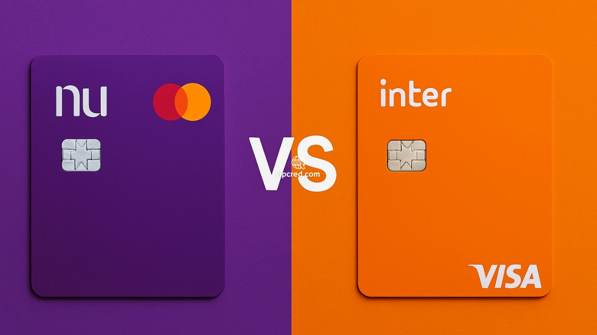 Comparação visual entre os cartões de crédito Nubank e Inter, com fundo roxo e laranja.