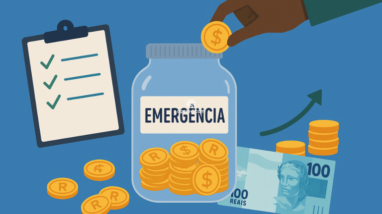 Ilustração digital representando uma reserva de emergência com moedas, jarro de vidro, checklist e elementos de investimento, voltada ao público brasileiro.