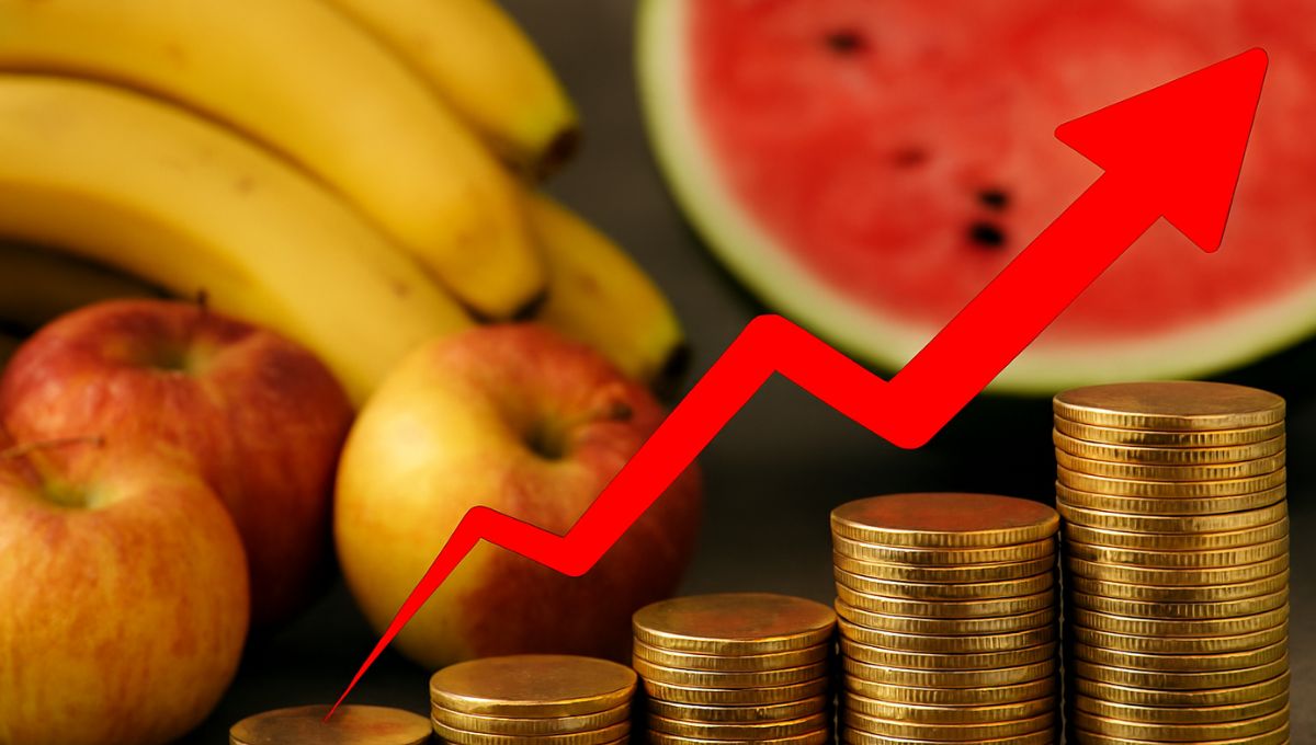 Representação simbólica da inflação afetando finanças pessoais, com carteira, moedas e ícones econômicos.