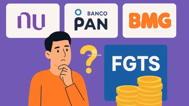Ilustração comparando Nubank, Banco Pan e BMG como opções para antecipação do FGTS, com ícones dos bancos, um homem pensativo e moedas sobre fundo roxo.