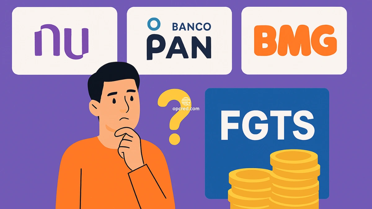 Ilustração comparando Nubank, Banco Pan e BMG como opções para antecipação do FGTS, com ícones dos bancos, um homem pensativo e moedas sobre fundo roxo.