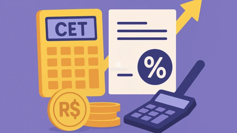 Ilustração digital de uma calculadora amarela, moedas de real e documentos financeiros sobre fundo roxo, representando o conceito de Custo Efetivo Total (CET)