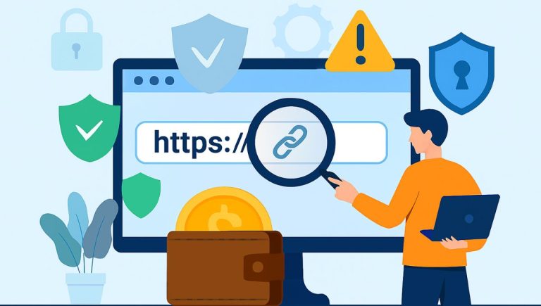 Ilustração de uma pessoa analisando um link em um computador, cercada por ícones de segurança como cadeado, escudo e lupa.