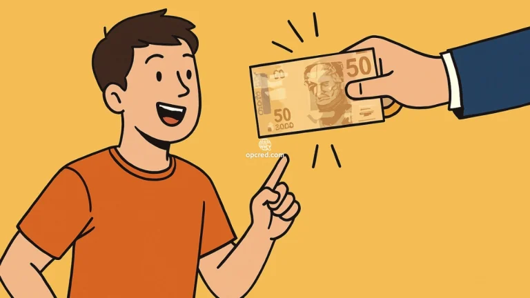 Jovem brasileiro sorridente recebendo uma nota de 50 reais de uma mão estendida, sobre fundo amarelo uniforme.