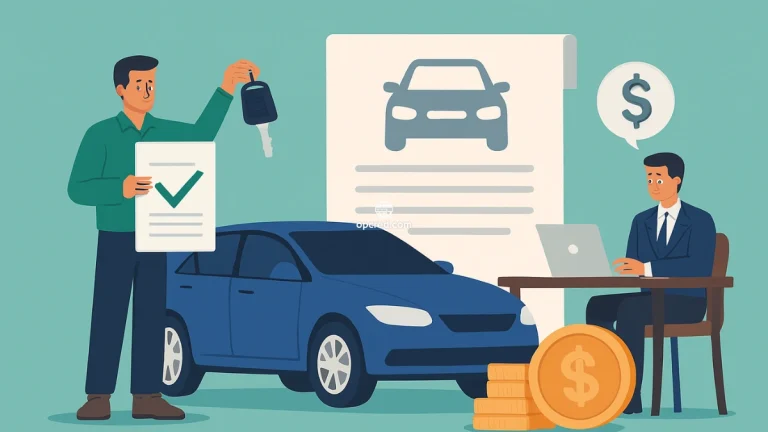 Homem segurando contrato e chave de carro ao lado de veículo, com agente financeiro em mesa de escritório, representando empréstimo com garantia de automóvel.