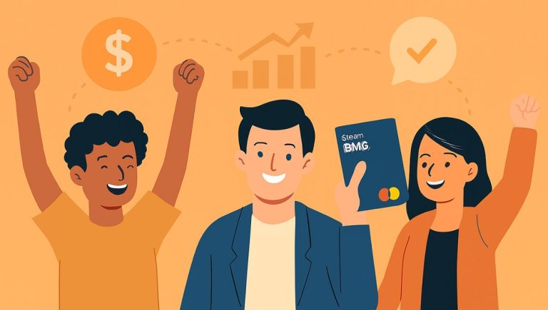 Ilustração flat horizontal com três pessoas celebrando a aprovação do limite inicial do cartão de crédito Banco BMG, com ícones financeiros como gráfico de crescimento, cifrão e símbolo de aprovação ao fundo.