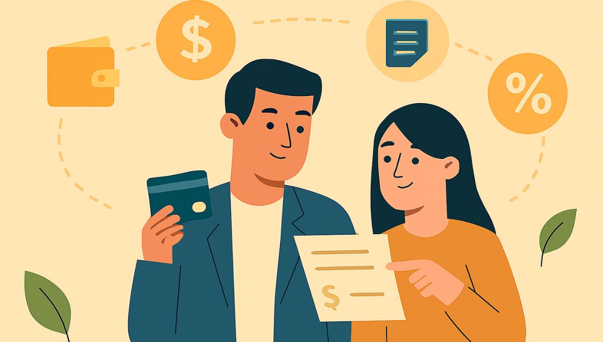 Ilustração flat horizontal com um casal analisando documentos e cartões, cercado por ícones financeiros como carteira, cifrão, contrato e símbolo de porcentagem, representando o cálculo das parcelas de um empréstimo de 20 mil reais.