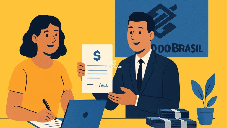 Mulher brasileira conversando com atendente do Banco do Brasil sobre empréstimo, com fundo amarelo e elementos financeiros.
