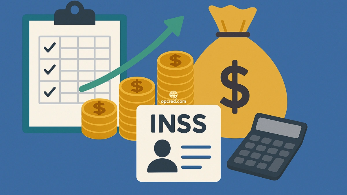 Ilustração digital representando o pagamento de benefícios do INSS com elementos como tabela, moedas, cartão do INSS e calculadora sobre fundo azul.