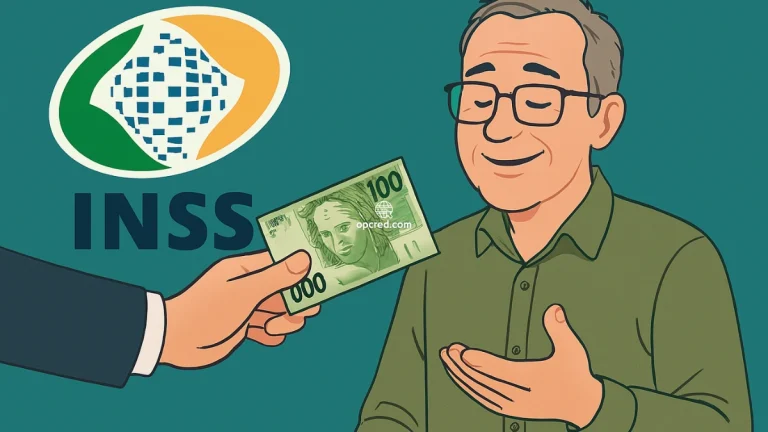 Homem brasileiro sorridente recebe nota de 100 reais como reembolso do INSS, com fundo uniforme e logo do INSS ao lado.