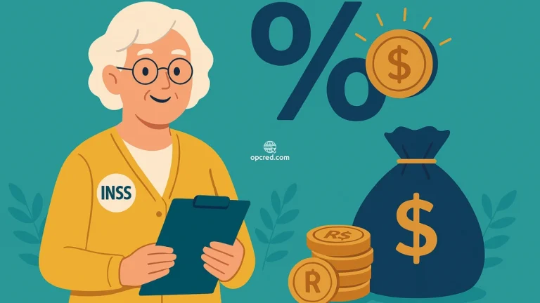 Ilustração de uma senhora idosa sorridente segurando uma prancheta com documentos, ao lado de símbolos financeiros como porcentagem, moedas e saco de dinheiro, representando empréstimo consignado do INSS.
