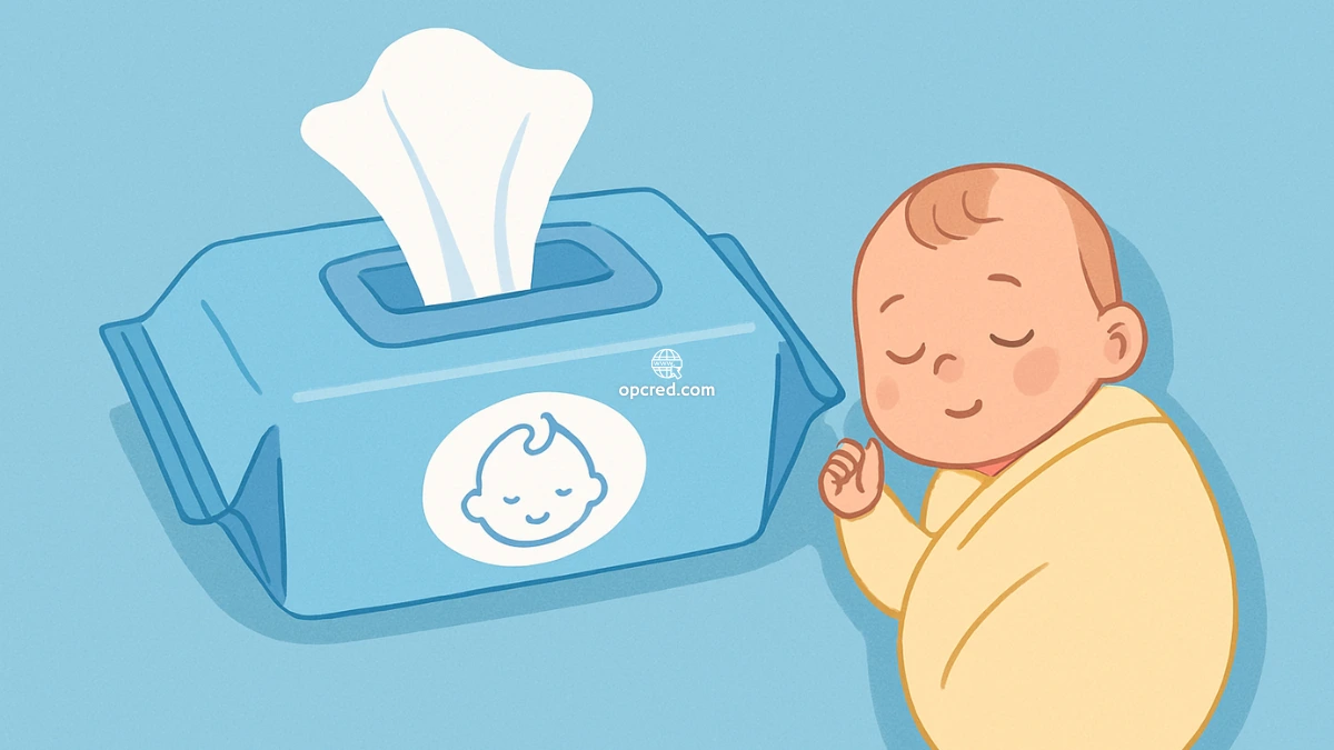 Lenços umedecidos sem álcool ao lado de um bebê recém-nascido dormindo, sobre fundo azul claro