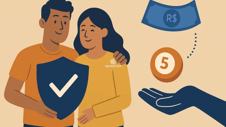 Casal brasileiro sorridente segurando escudo de proteção ao lado de símbolo de sorteio com nota de real e bola de loteria, representando benefício extra de seguro de vida com sorteio.